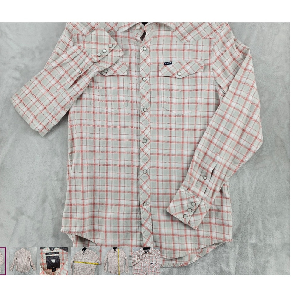 G Star Raw Mens Medium Slim Fit Pearl Snap Long Sleeve Red Plaid Cotton